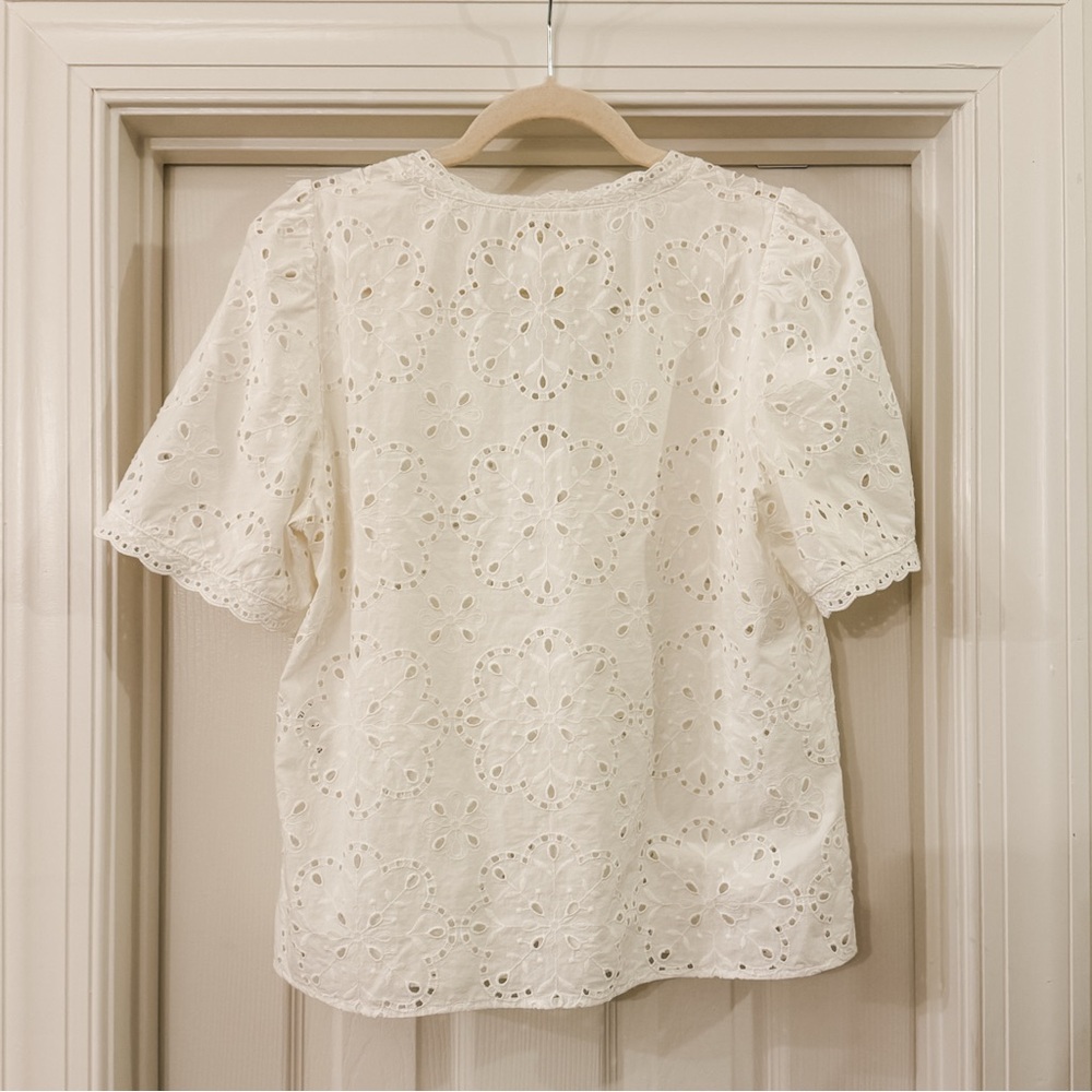 Sezane White Eyelet Lace V-Neck Shirt - Picture 6 of 11